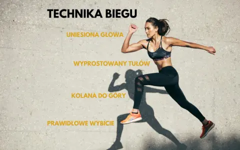 Kobieta w ruchu, ilustrująca technikę biegu: uniesiona głowa, wyprostowany tułów, kolana do góry i prawidłowe wybicie stopy.