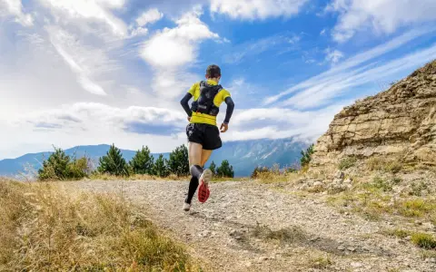 Biegacz w żółtej koszulce pokonuje kamienisty szlak. W tle góry i błękitne niebo z chmurami. To prawdziwe wyzwanie na rykowisko ultra trail.