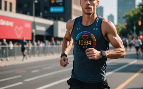 Biegacz podczas maratonu, monitorujący swoje tętno tlenowe na wyświetlaczu.
