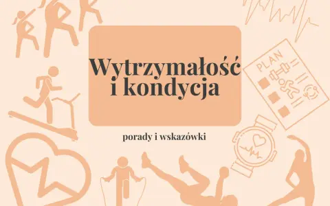 Ilustracje ćwiczących osób, bieżnia, plan treningowy i zegarek sportowy podkreślają znaczenie kondycji sportowej.