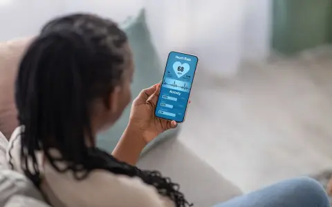 Kobieta sprawdza na telefonie swoje skoki tętna i aktywność fizyczną. Widzi 68 uderzeń na minutę, spalone kalorie i pokonane kroki.