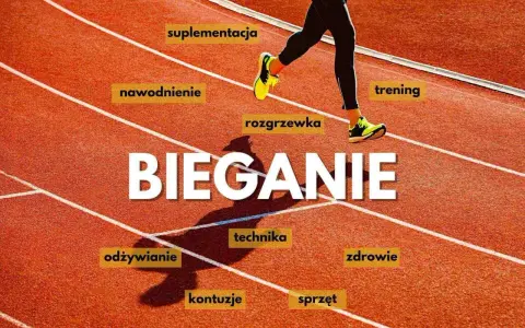 Biegacz na bieżni, wokół niego słowa kluczowe: suplementacja, nawodnienie, rozgrzewka, trening, technika, zdrowie, odżywianie, kontuzje, sprzęt. Pamięć mięśniowa kształtowana przez te elementy.